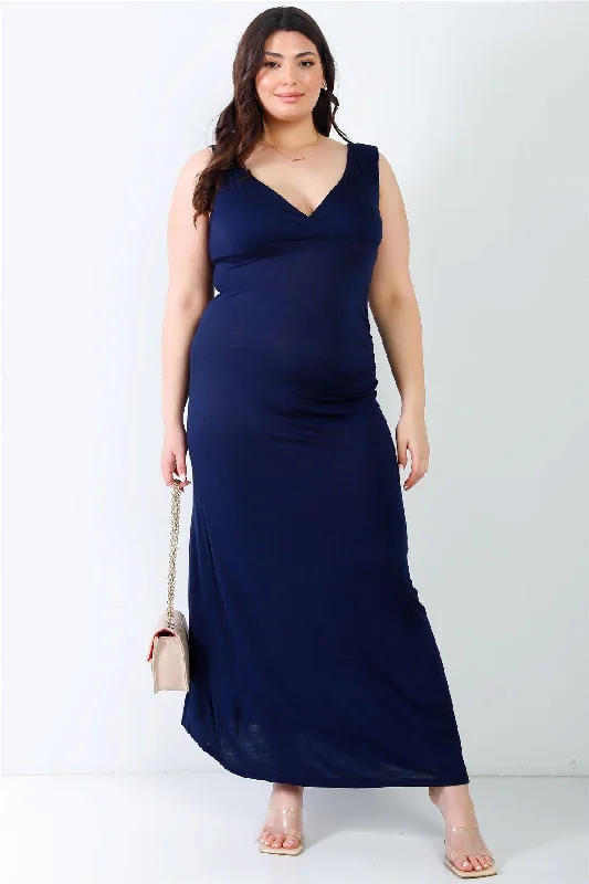 Junior Plus Dark Navy V-Neck Sleeveless Maxi Dress /2-2-2 Fashionable Sleeveless Maxi Dress Junior Plus Dark Navy V-Neck Sleeveless Maxi Dress /2-2-2 Fashionable Sleeveless Maxi Dress