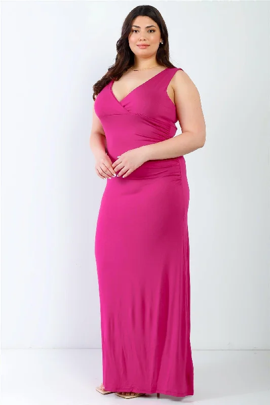 Junior Plus Fuchsia V-Neck Sleeveless Maxi Dress /3-3 Comfortable Fitted Maxi Dress