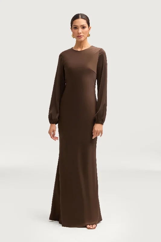 Kamila Satin Maxi Dress - Espresso Stylish Maxi Dress with Frills