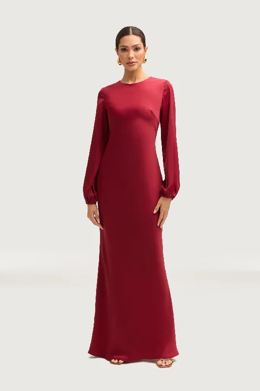 Kamila Satin Maxi Dress - Maroon Cozy Ruffle Sleeve Maxi Dress
