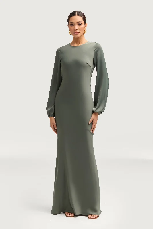 Kamila Satin Maxi Dress - Sage Casual Maxi Dress with Pockets