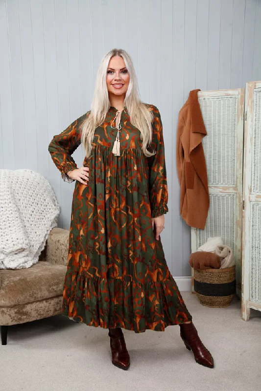 Khaki Positano Flow Maxi Dress Comfortable Maxi Dress with Belt