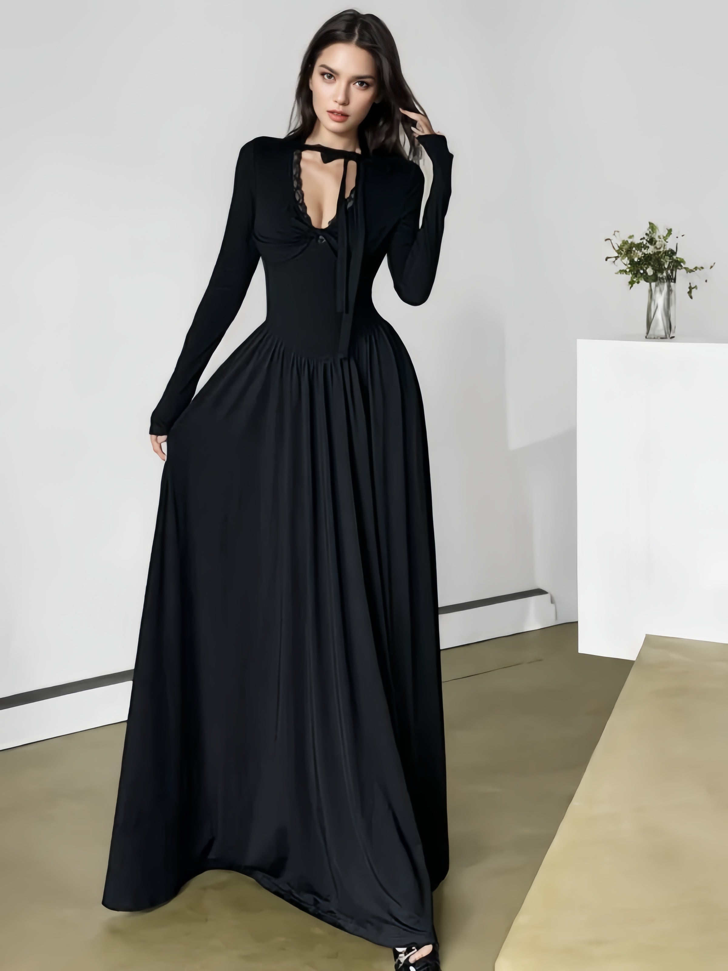 Lace Tie Neck Long Black Maxi Dress Cozy Knitted Maxi Dress