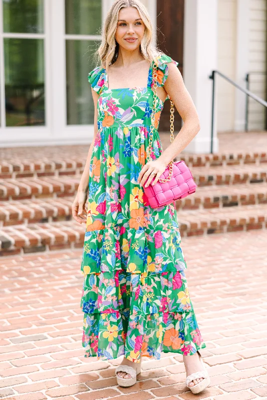 Let's Get Away Kelly Green Floral Maxi Dress Stylish Maxi Dress with Frills
