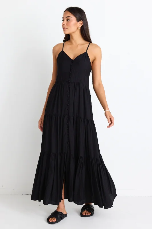 Lilibet Black Strappy Button Front Maxi Dress Comfortable Casual Maxi Dress