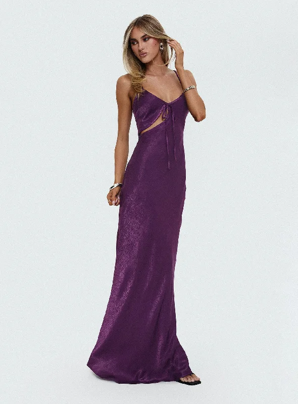 Linger Bias Cut Maxi Dress Purple Stylish Off-Shoulder Maxi Dress
