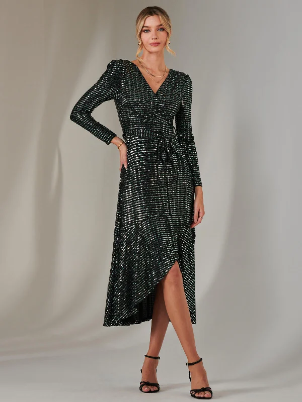 Long Sleeve Metallic Spot Maxi Dress, Black Green Elegant Maxi Dress with Pockets