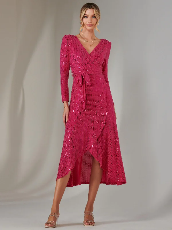 Long Sleeve Metallic Spot Maxi Dress, Fuschia Stylish Boho Maxi Dress