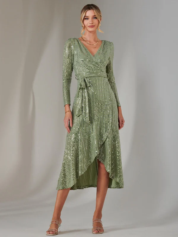 Long Sleeve Metallic Spot Maxi Dress, Green Silver Cozy Cold-Shoulder Maxi Dress