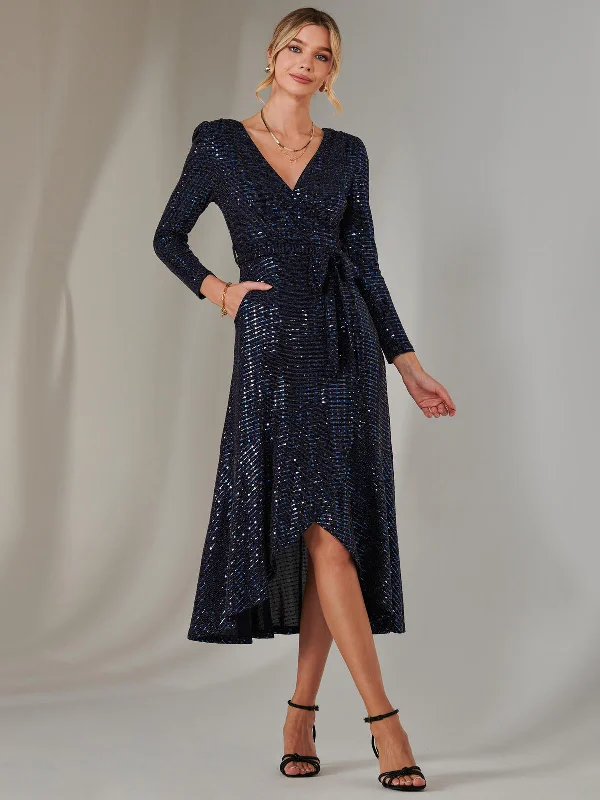 Long Sleeve Metallic Spot Maxi Dress, Navy Chic Button-Up Maxi Dress