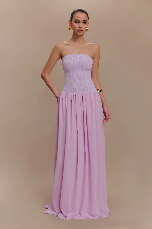 Lyanna Knit And Chiffon Strapless Maxi Dress - Lilac Elegant Maxi Dress with Pockets Lyanna Knit And Chiffon Strapless Maxi Dress - Lilac Elegant Maxi Dress with Pockets