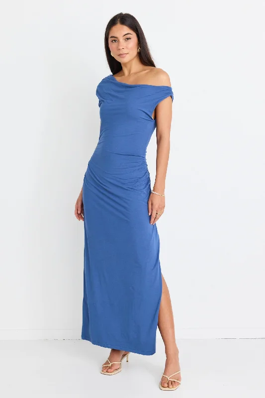 Magic Mid Blue Jersey Off Shoulder Maxi Dress Trendy Button Front Maxi Dress