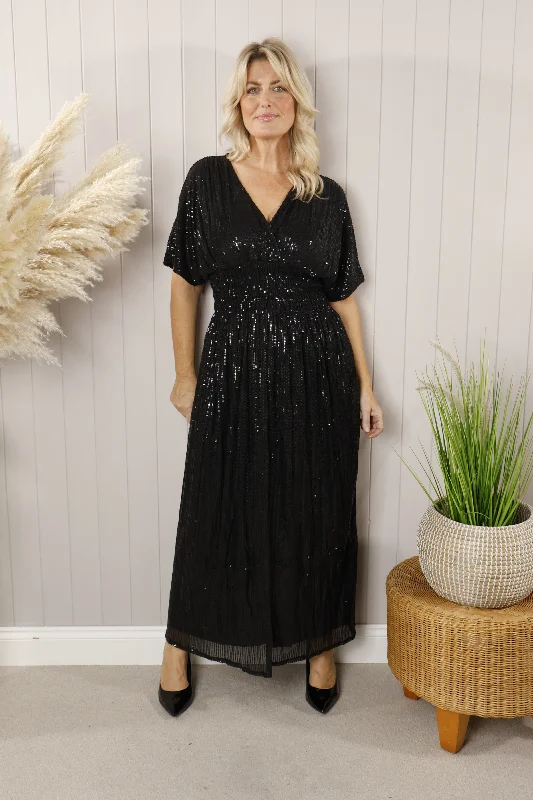Maxi Dress Shirred Waist Black Comfortable Maxi Dress with Sleeves
