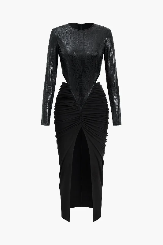 Faux Leather  Patchwork Long Sleeve Maxi Dress Cozy Maxi Dress with Slit