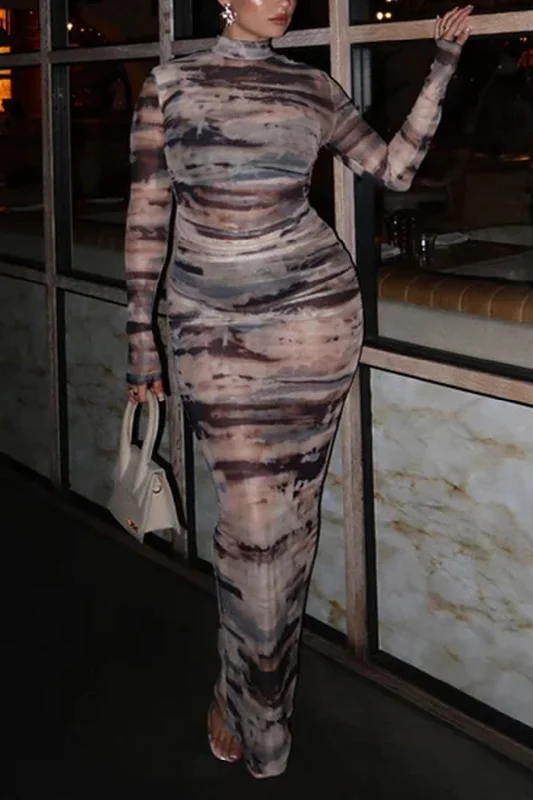 Plus Size Illusion Pattern Print Round Neck Ruched Maxi Dress Trendy Floral Print Maxi Dress