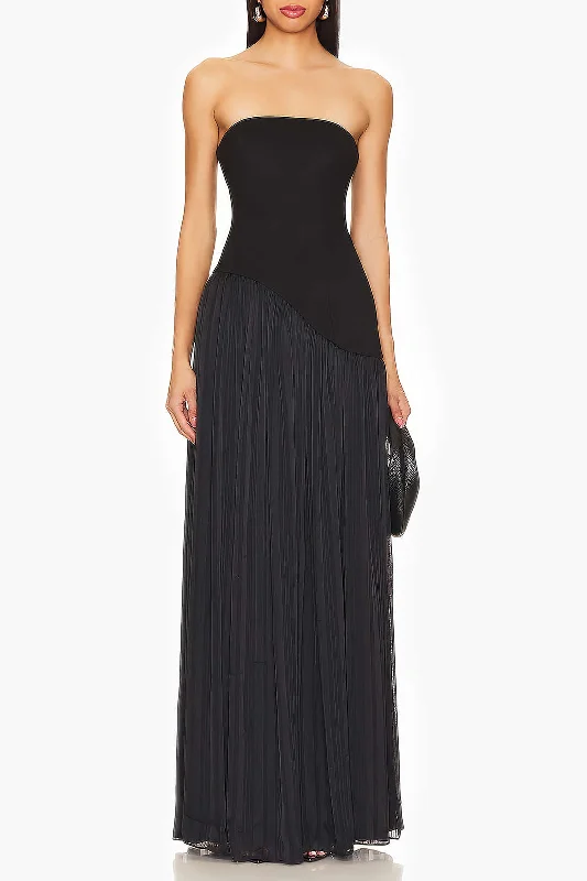 Strapless Patchwork Zipper Pleated Maxi Dress Fashionable Off-Shoulder Maxi Dress