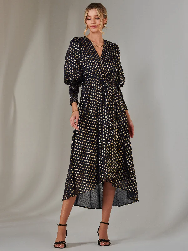 Metallic Spot Print Puffy Sleeve Maxi Dress, Navy Trendy Maxi Dress with Bow