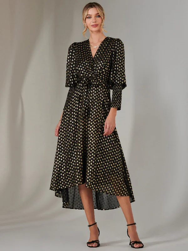 Metallic Spot Print Puffy Sleeve Maxi Dress, Black Cozy Cold-Shoulder Maxi Dress
