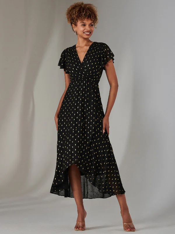 Metallic Spot Textured Chiffon Maxi Dress, Black Fashionable Off-Shoulder Maxi Dress Metallic Spot Textured Chiffon Maxi Dress, Black Fashionable Off-Shoulder Maxi Dress