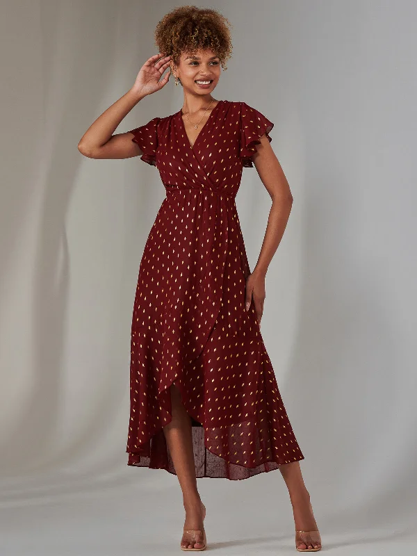 Metallic Spot Textured Chiffon Maxi Dress, Burgundy Trendy Maxi Dress with Bow