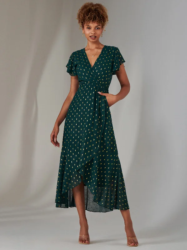 Metallic Spot Textured Chiffon Maxi Dress, Dark Green Cozy Spaghetti Strap Maxi Dress Metallic Spot Textured Chiffon Maxi Dress, Dark Green Cozy Spaghetti Strap Maxi Dress