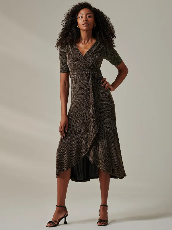 Metallic Tie Waist Wrapped Maxi Dress, Black/Gold Trendy Ruffled Maxi Dress