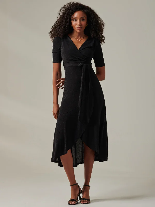 Metallic Tie Waist Wrapped Maxi Dress, Black Trendy Maxi Dress with Belt