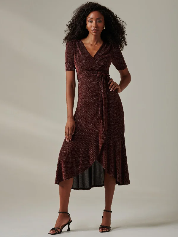 Metallic Tie Waist Wrapped Maxi Dress, Gold/Red Stylish Off-Shoulder Maxi Dress