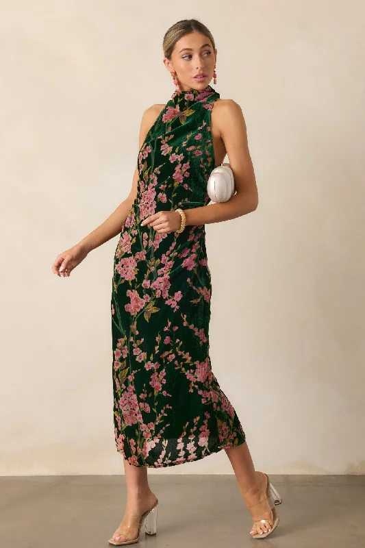 Never Better Emerald Green Floral Halter Maxi Dress Cozy Maxi Dress with Slit