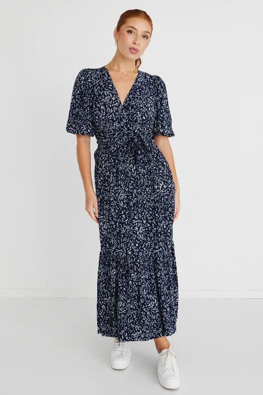 Ocean Navy Leaves SS Wrap Maxi Dress Fashionable Button-Down Maxi Dress