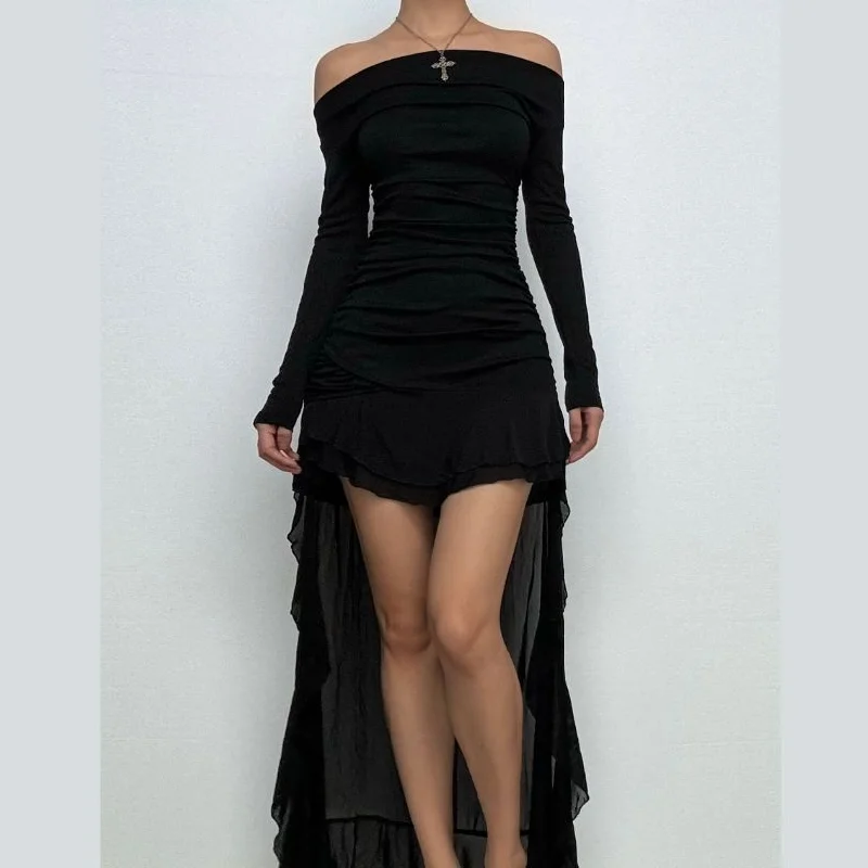 Off shoulder long sleeve ruffle ruched mesh maxi dress Fashionable Chiffon Maxi Dress Off shoulder long sleeve ruffle ruched mesh maxi dress Fashionable Chiffon Maxi Dress