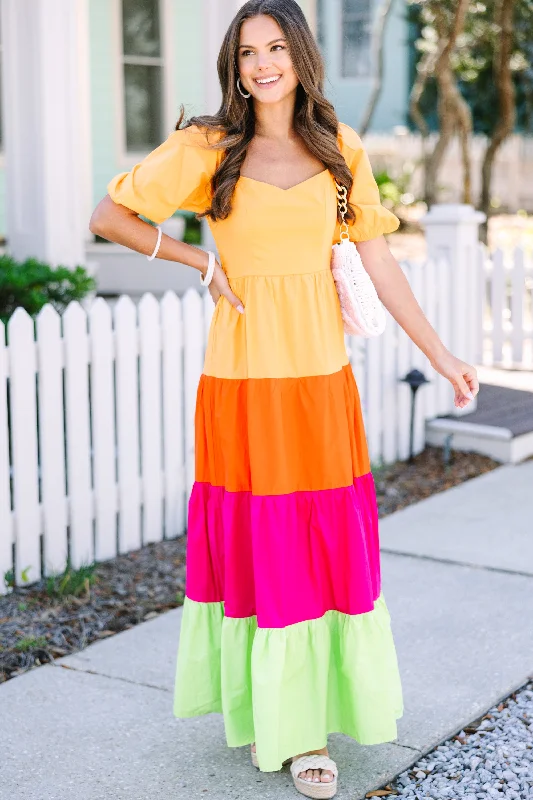 One Way Ticket Orange Colorblock Maxi Dress Elegant Lace-Up Maxi Dress