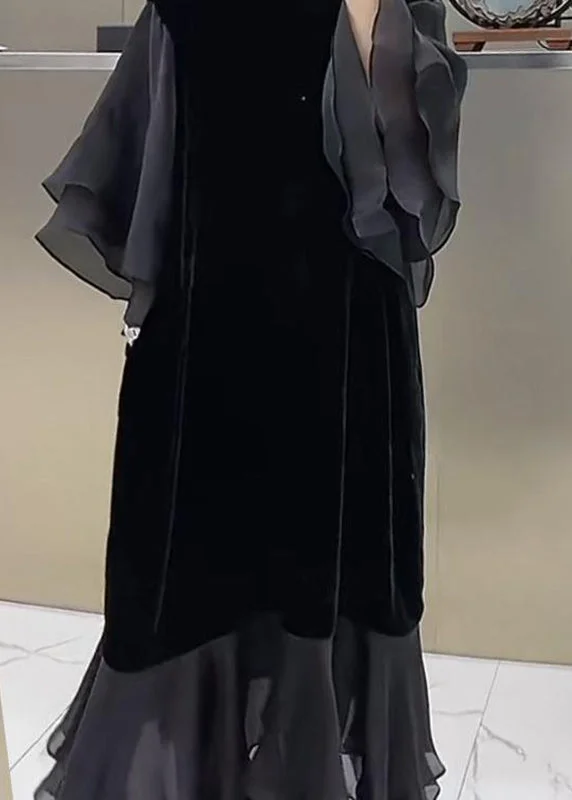 Plus Size Black O-Neck Patchwork Silk Velvet Maxi Dress Butterfly Sleeve WD032 Stylish Maxi Dress with Pleats Plus Size Black O-Neck Patchwork Silk Velvet Maxi Dress Butterfly Sleeve WD032 Stylish Maxi Dress with Pleats