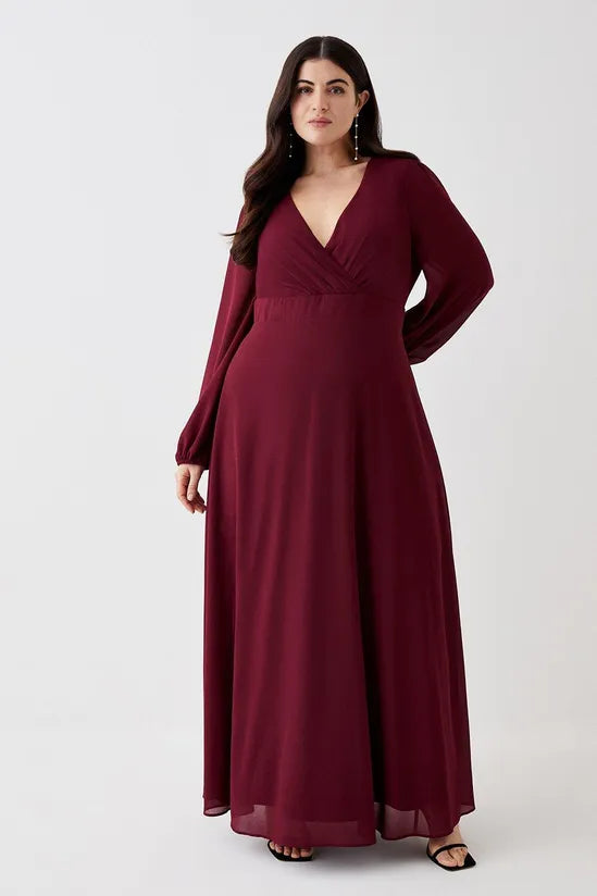 Plus Size Plunge Neck Hem Sweep Maxi Dress Elegant Maxi Dress with Slit