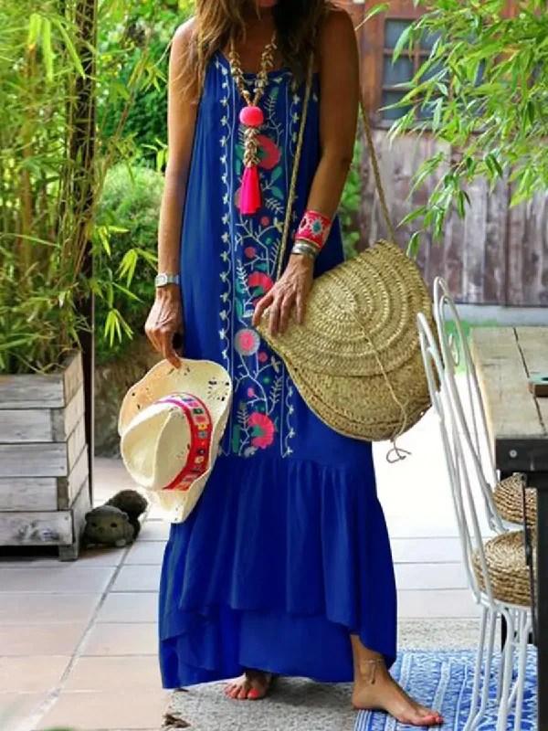 Women Bohemian Printed Straps Ruffles Hem Holiday Maxi Dress Fashionable Sleeveless Maxi Dress Women Bohemian Printed Straps Ruffles Hem Holiday Maxi Dress Fashionable Sleeveless Maxi Dress