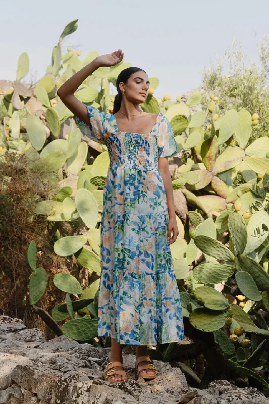 Raven Blue Orange Tropical Puff Sleeve Tiered Maxi Dress Fashionable High-Low Maxi Dress