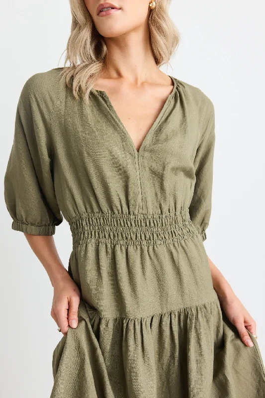 Retreat Soft Khaki Linen Blend SS Tiered Maxi Dress Stylish One-Shoulder Maxi Dress