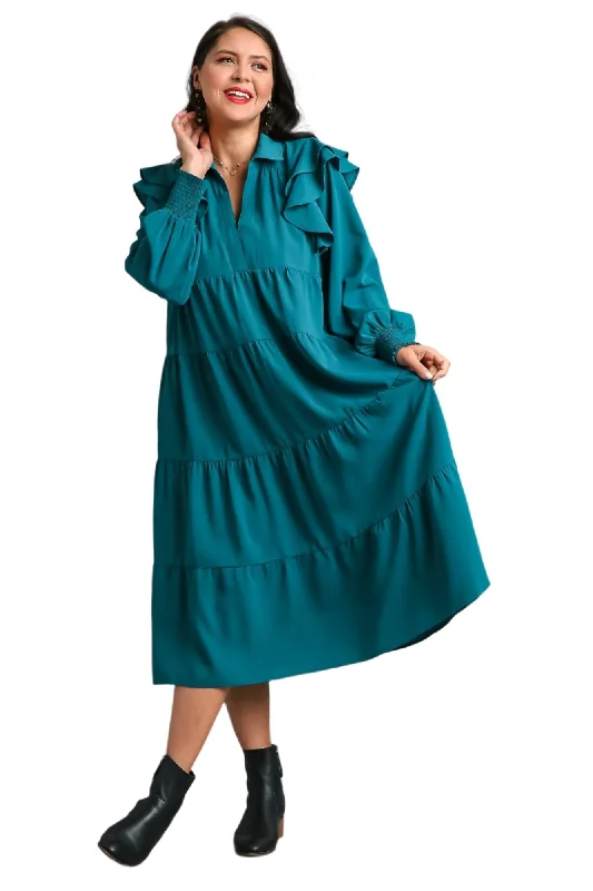 Ruffle Long Sleeve Tiered Maxi Dress, Teal Cozy Cold-Shoulder Maxi Dress