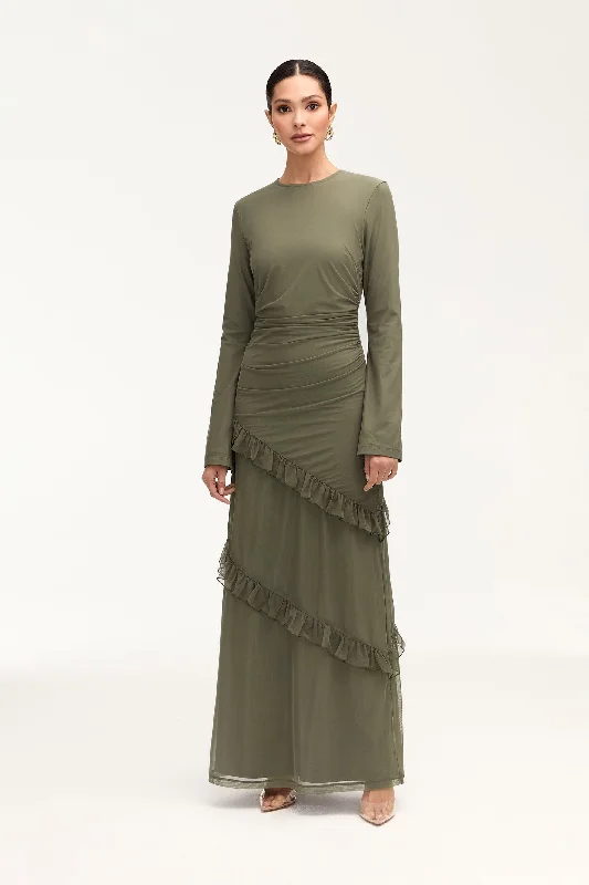Sabrina Waterfall Maxi Dress - Smokey Olive Trendy Maxi Dress with Lace