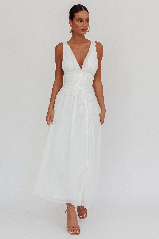 Sammi Ruched Waist Tied Back Maxi Dress White Trendy Floral Print Maxi Dress