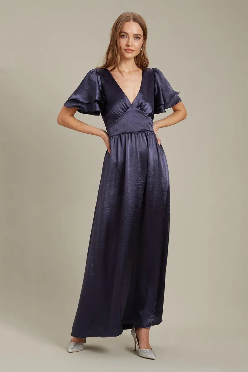 Satin Frill Sleeve Maxi Dress Navy Fashionable Off-Shoulder Maxi Dress