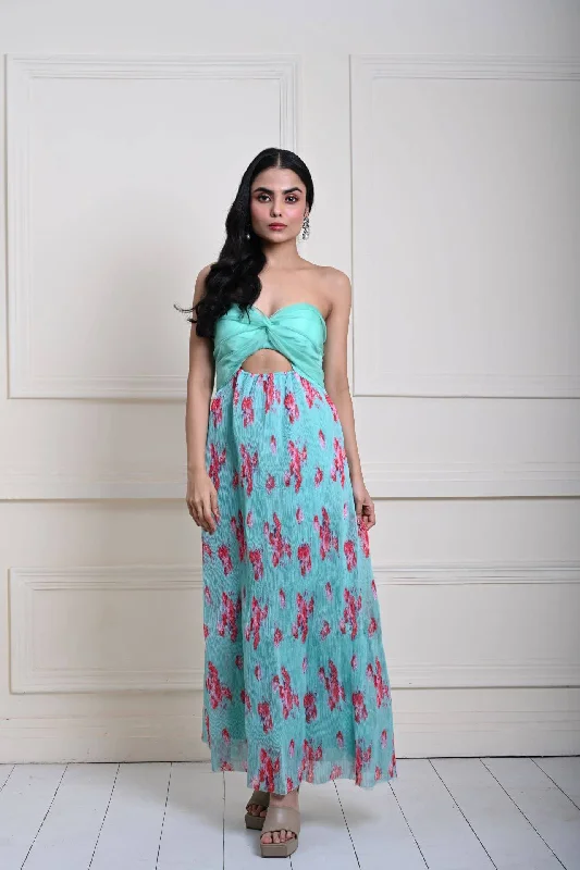 Sea Green Floral Maxi Dress in Pleated Chiffon Stylish Long Sleeve Maxi Dress