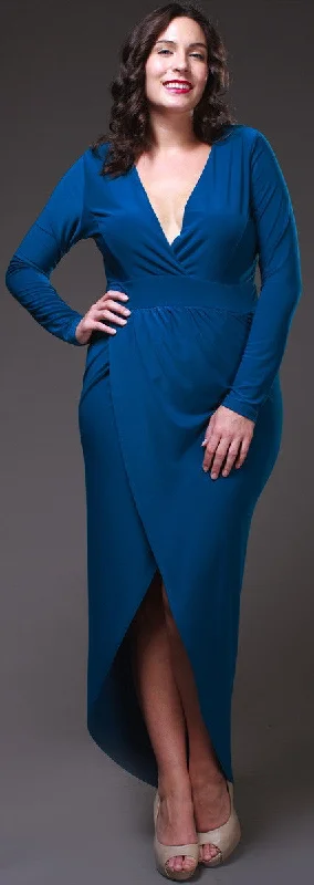 Sexy High Low Teal Blue Maxi Dress Deep Surplice Neck Long Sleeves Fashionable Faux Wrap Maxi Dress Sexy High Low Teal Blue Maxi Dress Deep Surplice Neck Long Sleeves Fashionable Faux Wrap Maxi Dress
