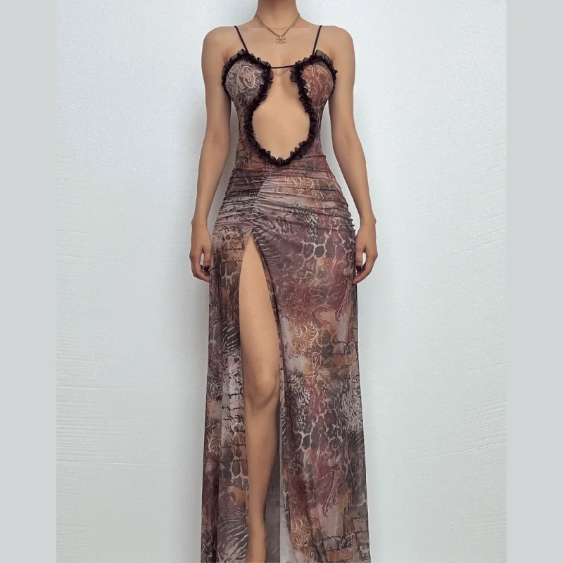 Sheer mesh hollow out ruched high slit cami cut out maxi dress Fashionable Chiffon Tiered Maxi Dress