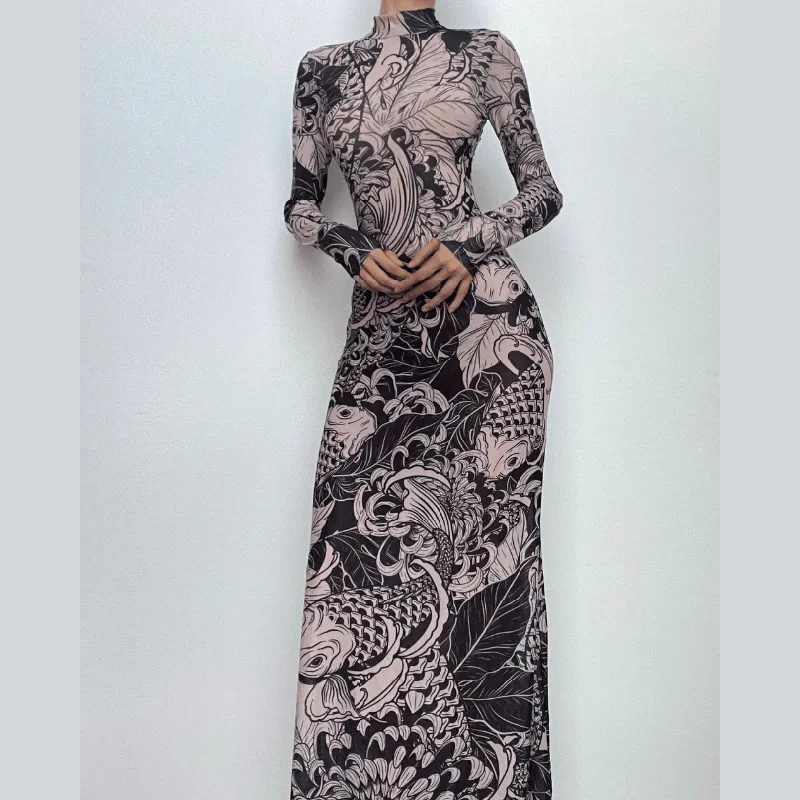 Sheer mesh see through abstract long sleeve high neck maxi dress Stylish Boho Chic Maxi Dress Sheer mesh see through abstract long sleeve high neck maxi dress Stylish Boho Chic Maxi Dress