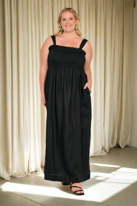 Sherry Linen Strapless Maxi Dress in Black Elegant Maxi Dress with Pockets
