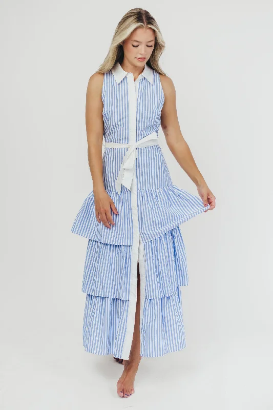 Sutton Striped Button-Down Maxi Dress with Ruffled Skirt in Blue/White Comfortable Maxi Dress with Belt