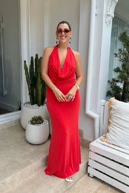 Saint Plunge Maxi Dress Red Fashionable Sheer Maxi Dress