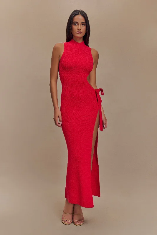 Stephanie Cut Out Knit Maxi Dress - Red Comfortable Plunging Neckline Maxi Dress