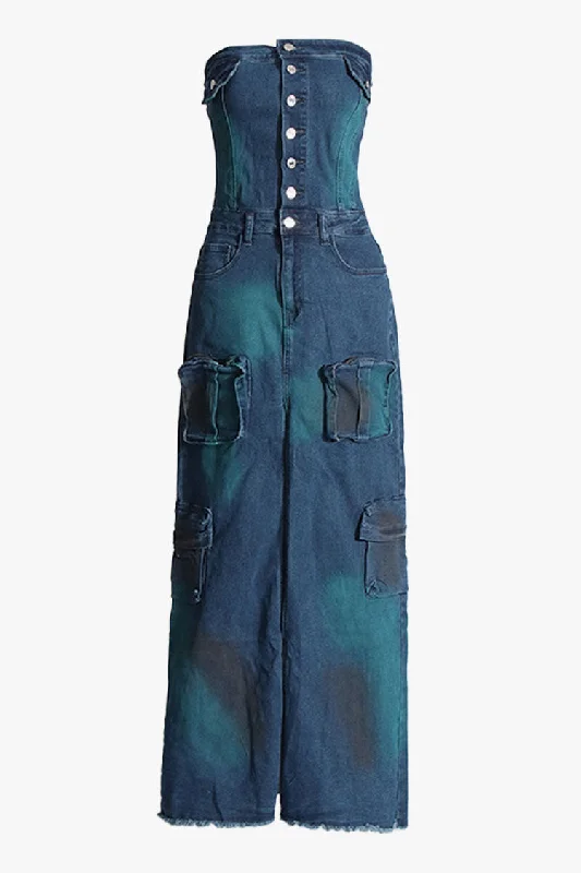 Street Style Strapless Button Up Cargo Pocket Front Split Denim Maxi Dress Elegant Silk Maxi Dress Street Style Strapless Button Up Cargo Pocket Front Split Denim Maxi Dress Elegant Silk Maxi Dress